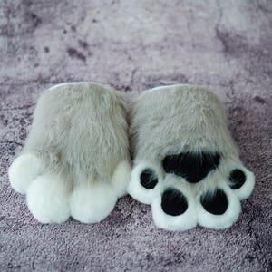 Grey Hand Paws gloves for Halloween Birthday Christmas, furry gloves-puppy kitty animal Cosplay paw with Squeak for teenagers daughter