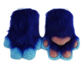 Custom Fursuit Hand Paws Blue Faux Fur Animal Gloves Convention Gear Kawaii Cosplay Prop Fursona Accessories LARP Animal Costume