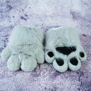 Light Grey hand Paws gloves for Halloween Birthday Christmas, furry gloves-puppy kitty animal Cosplay paw with Squeak for teenagers daughter