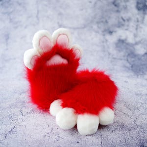 Red fursuit paws, kemono Paw gloves-puppy kitty Cosplay Animal furry gloves for teenagers daughter Furry paws with Squeak, Christmas present
