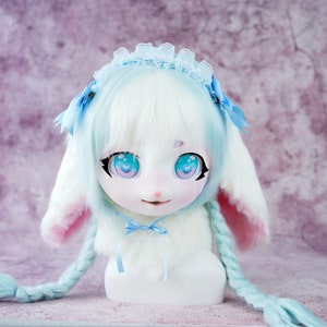 Glacier blue cute lop bunny handmade kig head Mask, kigurumi mask, Furry Cosplay gear, Animal mask, Halloween&Birthday gift for furry kids