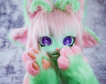 Halloween limited green cat kigurumi mask Furry mask with matching paws,Anthrocon accessory,Handmade kig fursuit mask,kigurumi styled furry