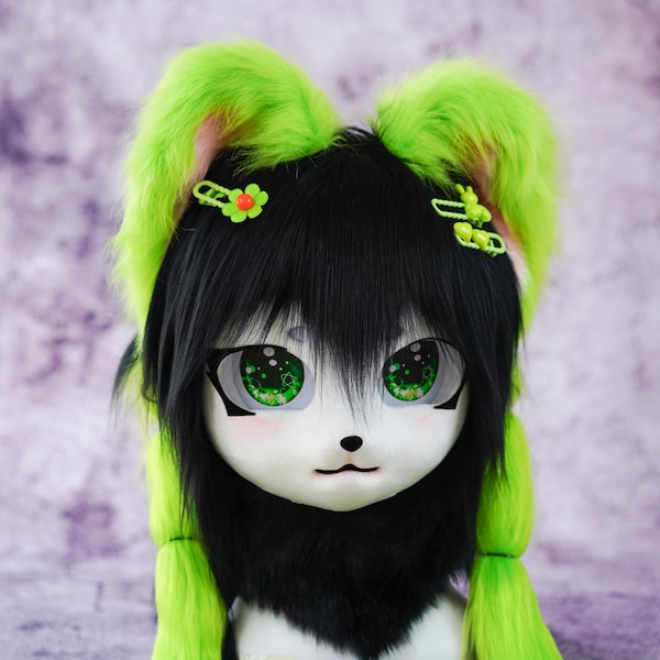 Czarująca Elfowa Zielona Maska Kigurumi Zakrywająca Całe Ciało | Fursuit HeadD Kitty Furry Convention Impreza Świąteczna z Motywem Zwierząt | Kostium Cosplay