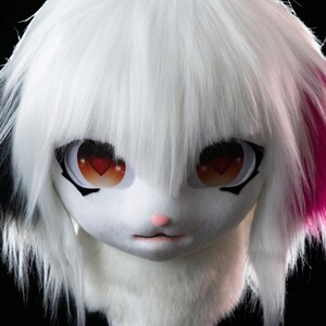 May include: A white furry mask with large, expressive eyes featuring heart-shaped pupils. The mask has long white hair with pink and black accents. The nose is pink, and the mouth is slightly open, creating a cute, cartoonish appearance.