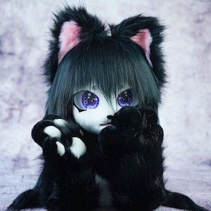 Limited black cat kigurumi mask Furry mask with matching paws set, Anthrocon accessory, Handmade kig fursuit mask,kigurumi styled furry head