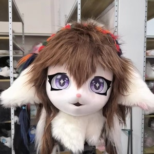 Furry Cosplay Mask Head With Black Hair, Kig Kemono Mask, Fursuit Mask Head, Fursona Mask