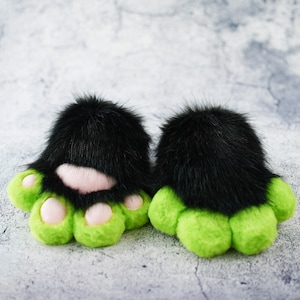 Lime green Black Cat Fursuit Paws-Soft Furry Gloves for Cosplay and Fursuit Enthusiasts, 4-finger faux fur paws, Furry costume accessory