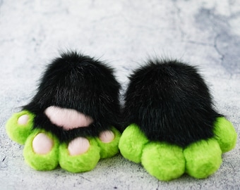 Guantes de piel sintética de 4 dedos para disfraces de gato negro, color verde lima. Guantes suaves y peludos para cosplay y entusiastas de los disfraces de animales. Accesorio para disfraces de animales.