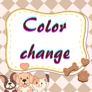 Può includere: Uno striscione bianco con il testo "Color change" in lettere rosa e blu. Tre animali dei cartoni animati, un cane, un gatto e un cucciolo, sono sotto lo striscione.