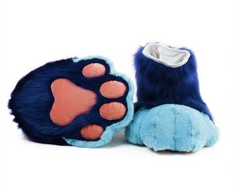 Custom Fursuit Feet Paws Blue Faux Fur Animal Paws Pink Paw Pad Boots Furry Costume Partial Anime Cosplay Prop