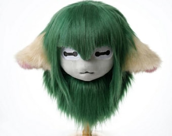 Kig Fursuit Head Satyr Anime Cosplay Mask | Forest Green Wig Tan Ears | Custom Breathable