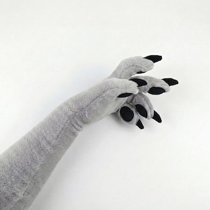 Slim Fursuit Paws | Gray Long Arm Furry Handpaws | 5-Finger Cosplay Paw Gloves for Dexterity & Conventions
