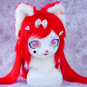 Circus Halloween Carnival Night-Red Joker Kawaii kitty kig Fursuit Mask,Furry Beast Head Cosplay Animal mask Theme party Birthday gift