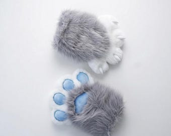 Fursuit Hand Paws: Furry Handpaws For Cosplay | Gray & Blue Wild Wolf Gloves | Squeaky 4-Finger Mascot Prop
