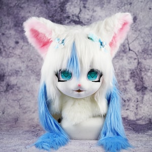 White Cat Mask, Mask King Cat Mask Furry Cosplay Mask Head with White Hair Beast Head Cosplay Animal mask Birthday gift Fursuit mask head