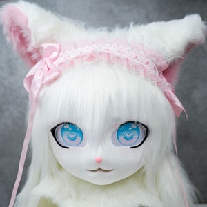 Whiter hair Cute Furry Mask Head, Kig Cat Fursuit Mask Head, Cat Kemono Mask,Personalizable Handmade Cosplay Costume Mask, Kig Kemono Mask