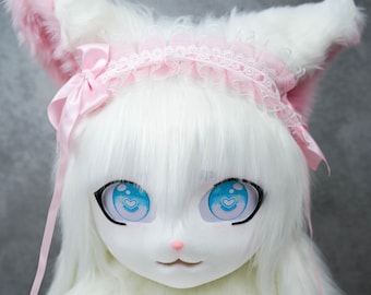 白い髪のかわいい毛皮のマスクヘッド、キグ猫ファースーツマスクヘッド、猫ケモノマスク、カスタマイズ可能な手作りコスプレ衣装マスク、キグケモノマスク