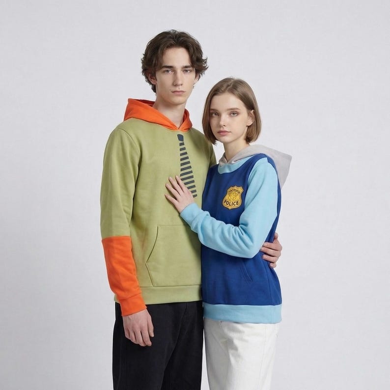 Pu&ograve; includere: Due persone indossano felpe con cappuccio abbinate. Una &egrave; verde oliva con dettagli arancioni e un design a strisce nere. L'altra &egrave; blu con cappuccio azzurro e grigio e un distintivo della polizia. Entrambe hanno una tasca frontale.