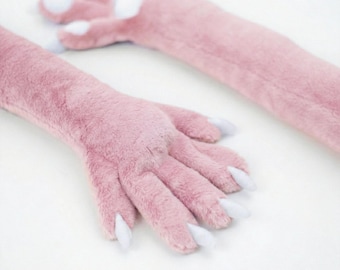 Slim Furry Gloves Paws, Long Arm Sleeves, Cute Pink Fox Paws for Fursuit, Feline Pink Feral Paws, 50cm Slim Pink Furry Gloves with Claws