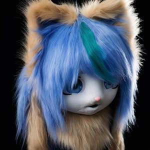 A high-quality faux fur cat fursuit head with large anime-style mesh eyes, showcasing a breathable unlined interior and a sleek kigurumi aesthetic suitable for furry conventions.