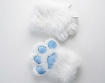 Fursuit Hand Paws: 4-Finger Furry Cosplay Paws | White & Blue Toony Gloves | Squeaky Kigurumi Convention Gear