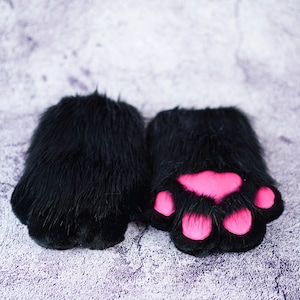 All Black & Hot rosa Pfoten Handschuhe-4-Finger-Welpe Kitty Cosplay Tier pelzige Pfoten Haustier spielen für Geburtstagsgeschenk pelzige Handschuhe für Teenager Tochter
