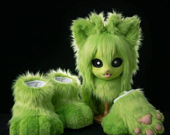 Alien Cat Fursuit Mask set, fursuit paws set, furry gloves and shoes for Furry Cosplay, Anime Cosplay cute kig head for teenagers daughter
