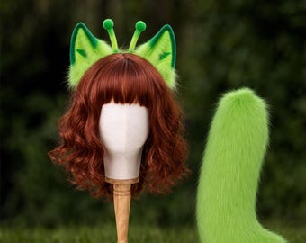 Set di orecchie e coda da gatto alieno, orecchie in pelliccia sintetica, coda da therian, orecchie da kemonomimi, costume da animale fatto a mano, costume verde neon, accessorio per il Comic Con
