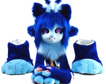 Blue Alien Cat Fursuit Partial, Custom fursuit Feline Head, Hands, and Feet Paws, Furry Cosplay Head, Therian mask, Convention Gear