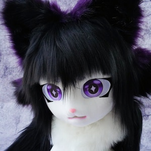 Black Cat Mask,Cat Mask Furry Cosplay Mask Head with White Hair Beast Head Cosplay Animal mask Birthday gift Fursuit mask head, furry gift