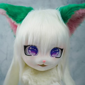 kig Cat Mask White hair with green ears ,custom cosplay mask,furry mask Beast head cosplay Animal mask Birthday gift,custom cosplay kig mask