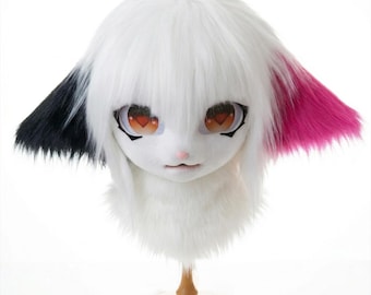 Furry Goat Head Anime Cosplay Mask Helmet | White with Pink Black Ears | High Ventilation