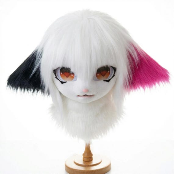 Furry Goat Head Anime Cosplay Mask Helmet | White with Pink Black Ears | High Ventilation