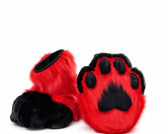 Black&Red Feet Paws indoor Shoes, Fluffy Handmade Furry Slippers with Black Paw Pads, Cozy and Cute Footwear for Furry Lovers and Cosplay