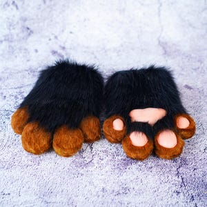 Black with Brown hand Paws gloves for Birthday Christmas, furry gloves-puppy kitty animal Cosplay paw with Squeak for teenagers daughter
