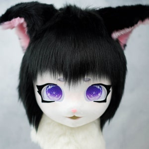 Custom furry mask with black hair for girl,Kig Fursona Head , Kig Kemono Mask Head, Cosplay Mask ,Animal mask, Fursuit mask head, Kemono