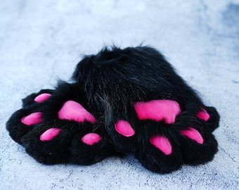 Black kitty puppy Paw gloves-4 finger furry faux fur handmade fursuit gloves with Squeaker Halloween gift for daughter Animal Furry paws