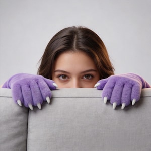 May include: A person peeking over a gray couch, wearing purple gloves with white claws. The gloves have a furry texture and resemble animal paws. The background is a plain, light gray.