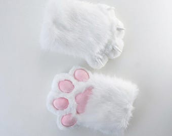 Fursuit Hand Paws: White & Pink 4-Finger Cat Gloves | Furry Cosplay Paws | Cute Squeaky Kigurumi Convention Handpaws