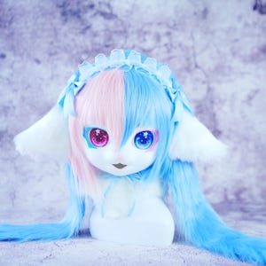 Faux Fur Fursuit Head, Blue Pink Full Animal Mask for Furry Conventions, Custom Character Cosplay, Role-Play Accessory, Anime Con Costume