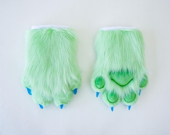Mint Green Squeaking Fursuit Paws, Toony Puffy Handpaws, Fully Lined Cosplay Gloves