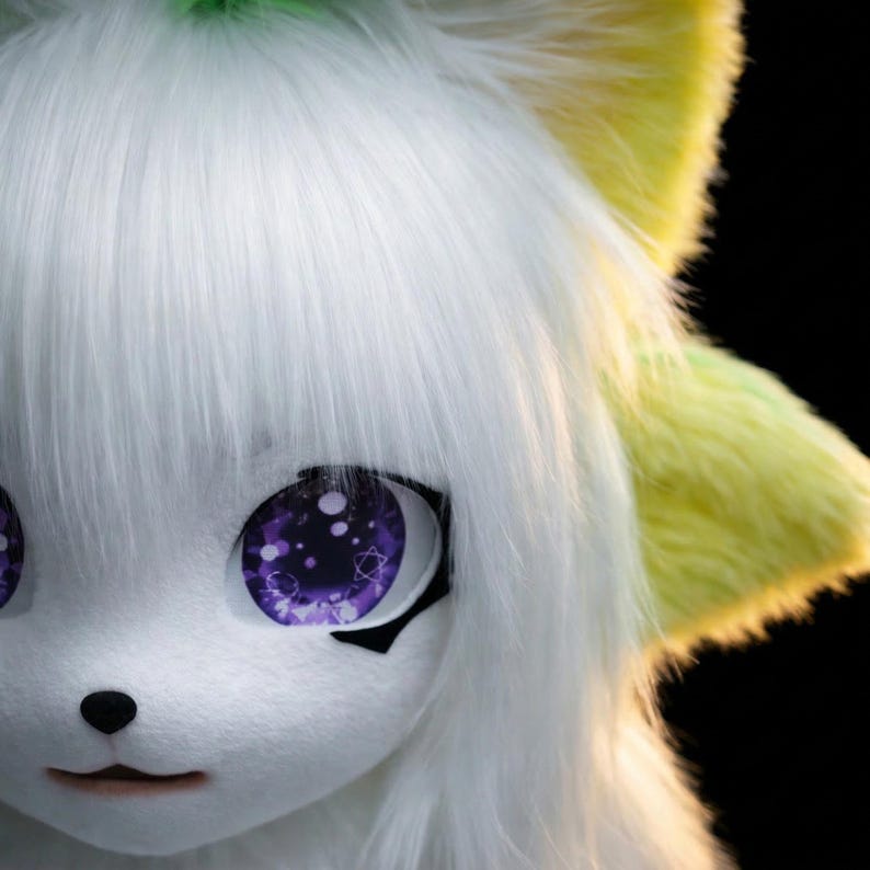 Alien Cat Fursuit Mask White Lime | Anime Kigurumi Faux Fur Head ...