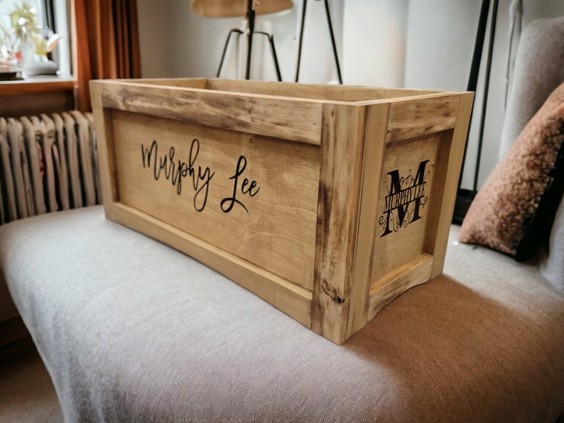 Rustic Toy Box Personalized Front Sides and Lid Engraved Blanket Chest Storage Memory Box Assembled Pet Food Free Shipping image 7