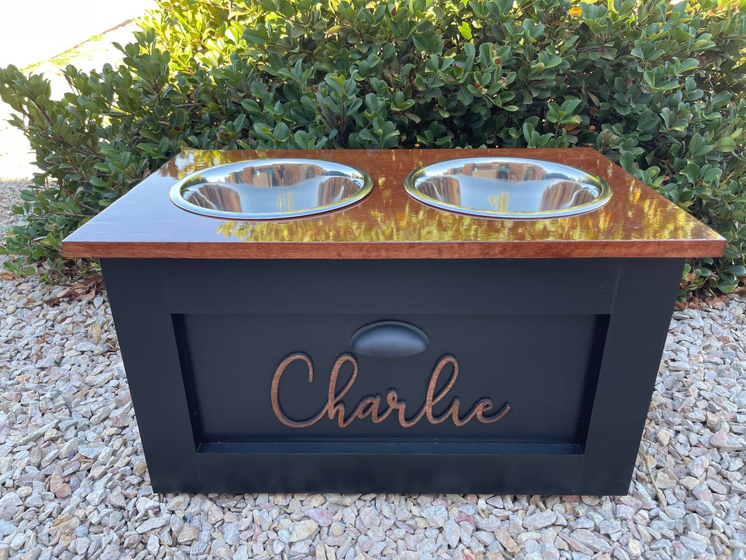 LARGE Personalized Dog Feeding Table With 3D Dog Name Rustic Farmhouse