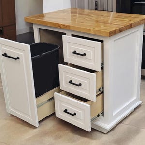 Kitchen Island in Shaker Farmhouse style with butcher block countertop and pull out trash can shipping NOT included