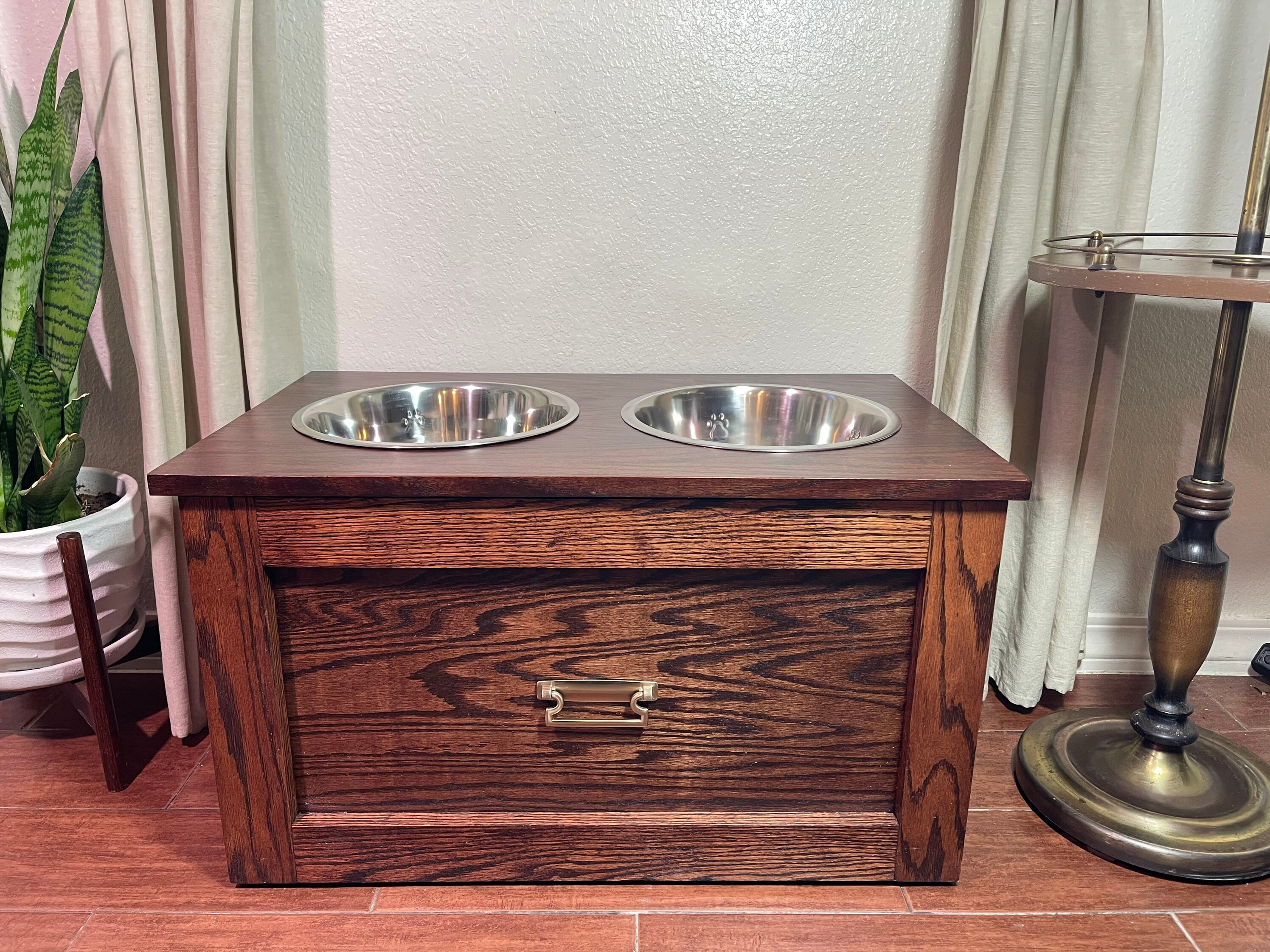 Oak Dog Feeding Table Raised Bowls Pet Furniture With Storage Etsy