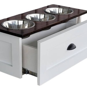 Elevated Dog Feeding Station with Storage,Elevated Dog Food Storage Cabinet  with 2 Stainless Steel Bowls, Raised Dog Bowl Feeder with Drawer for Large  Dogs, White – Dawnspaces