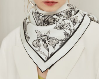 Elegant Black and White Floral Print Silk Twill Bandana, Birthday Gift for Her