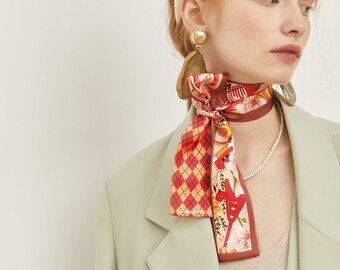 Various Musical Instruments And Flowers Twill Silk Skinny Scarf, Hairband, Silk Tie