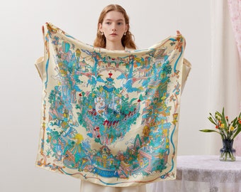 Land of Utopia Island Double Sides Printing Silk Square Scarf Foulard Luxury Gift For Women